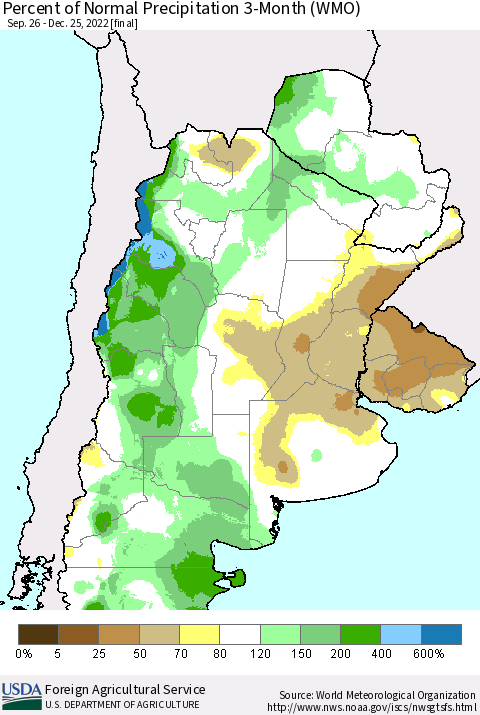Southern South America Percent of Normal Precipitation 3-Month (WMO) Thematic Map For 9/26/2022 - 12/25/2022