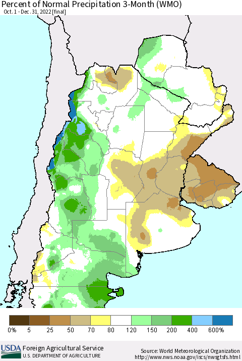 Southern South America Percent of Normal Precipitation 3-Month (WMO) Thematic Map For 10/1/2022 - 12/31/2022