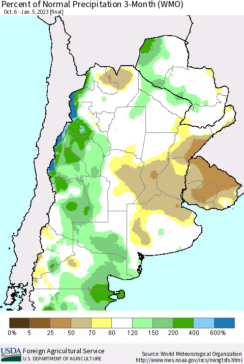 Southern South America Percent of Normal Precipitation 3-Month (WMO) Thematic Map For 10/6/2022 - 1/5/2023
