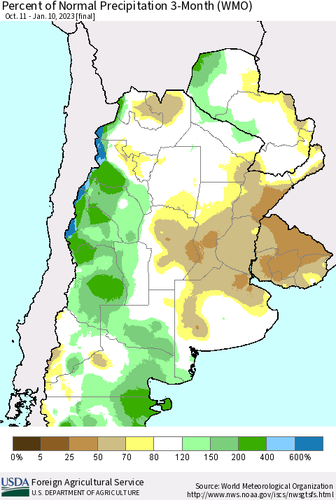 Southern South America Percent of Normal Precipitation 3-Month (WMO) Thematic Map For 10/11/2022 - 1/10/2023