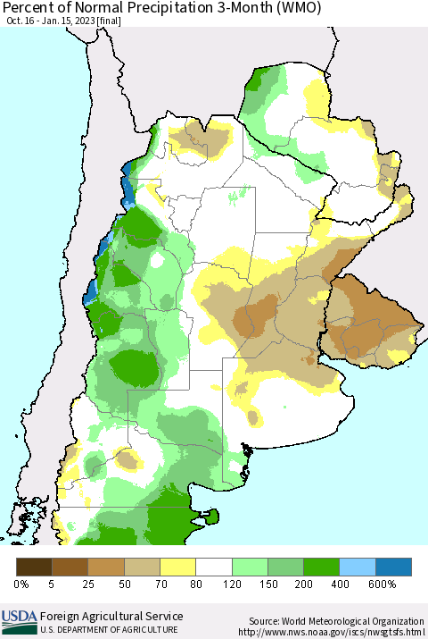 Southern South America Percent of Normal Precipitation 3-Month (WMO) Thematic Map For 10/16/2022 - 1/15/2023