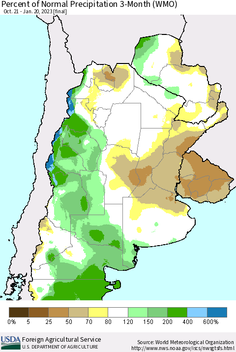 Southern South America Percent of Normal Precipitation 3-Month (WMO) Thematic Map For 10/21/2022 - 1/20/2023