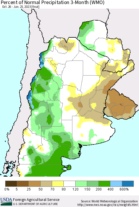 Southern South America Percent of Normal Precipitation 3-Month (WMO) Thematic Map For 10/26/2022 - 1/25/2023