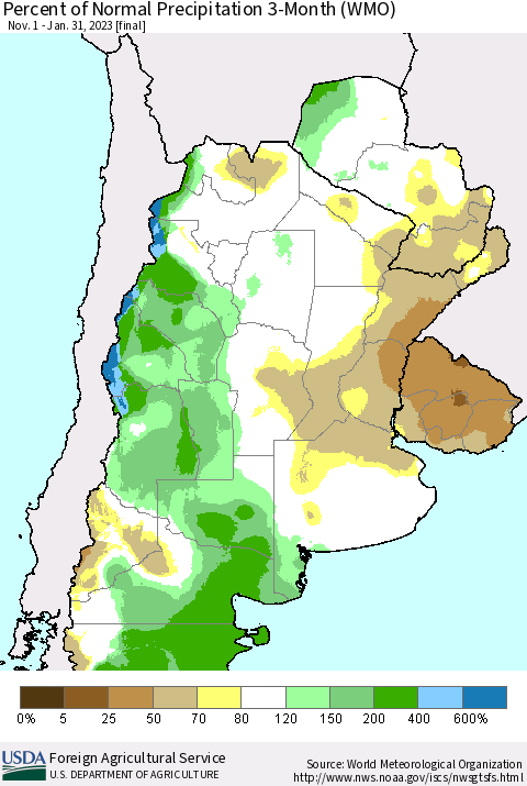 Southern South America Percent of Normal Precipitation 3-Month (WMO) Thematic Map For 11/1/2022 - 1/31/2023