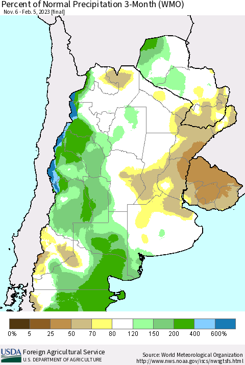 Southern South America Percent of Normal Precipitation 3-Month (WMO) Thematic Map For 11/6/2022 - 2/5/2023