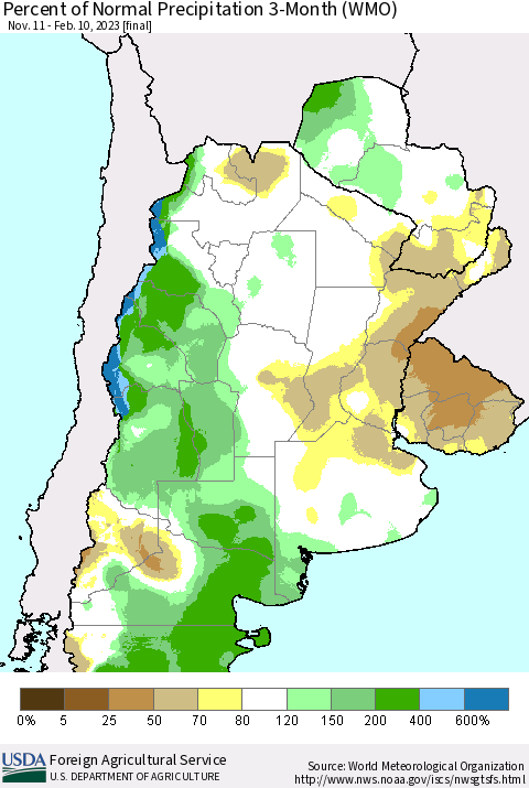 Southern South America Percent of Normal Precipitation 3-Month (WMO) Thematic Map For 11/11/2022 - 2/10/2023