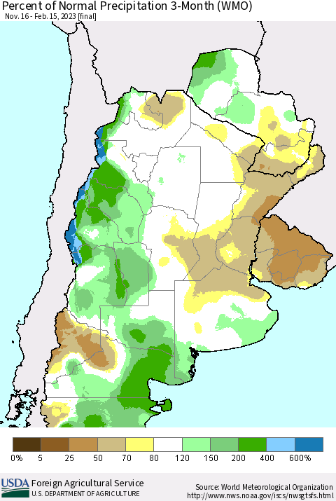 Southern South America Percent of Normal Precipitation 3-Month (WMO) Thematic Map For 11/16/2022 - 2/15/2023
