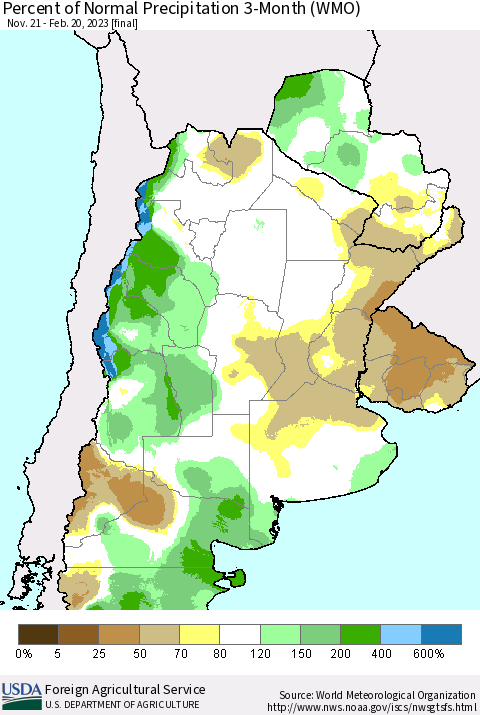 Southern South America Percent of Normal Precipitation 3-Month (WMO) Thematic Map For 11/21/2022 - 2/20/2023