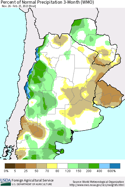 Southern South America Percent of Normal Precipitation 3-Month (WMO) Thematic Map For 11/26/2022 - 2/25/2023