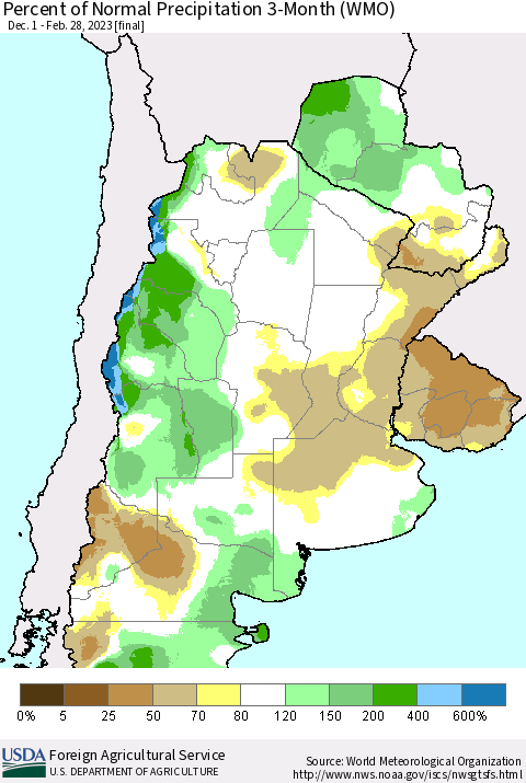 Southern South America Percent of Normal Precipitation 3-Month (WMO) Thematic Map For 12/1/2022 - 2/28/2023