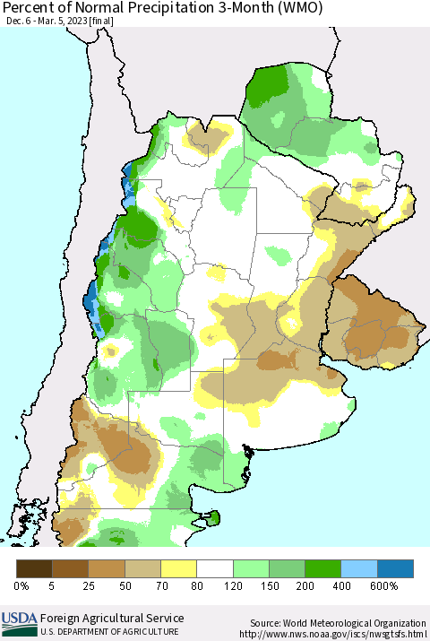 Southern South America Percent of Normal Precipitation 3-Month (WMO) Thematic Map For 12/6/2022 - 3/5/2023