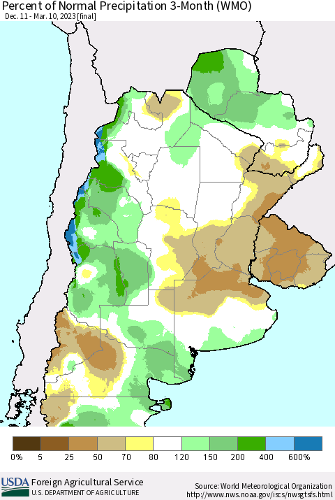 Southern South America Percent of Normal Precipitation 3-Month (WMO) Thematic Map For 12/11/2022 - 3/10/2023