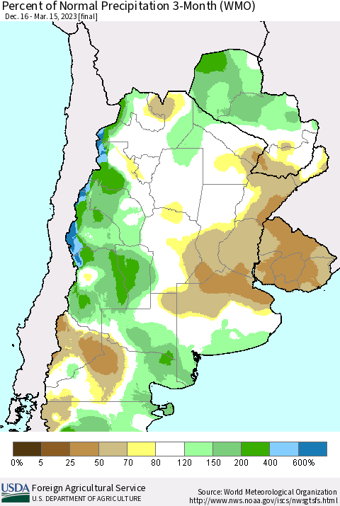 Southern South America Percent of Normal Precipitation 3-Month (WMO) Thematic Map For 12/16/2022 - 3/15/2023
