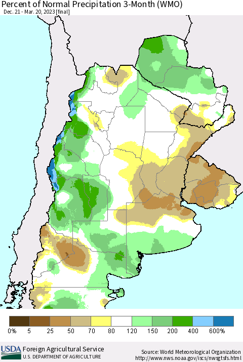 Southern South America Percent of Normal Precipitation 3-Month (WMO) Thematic Map For 12/21/2022 - 3/20/2023
