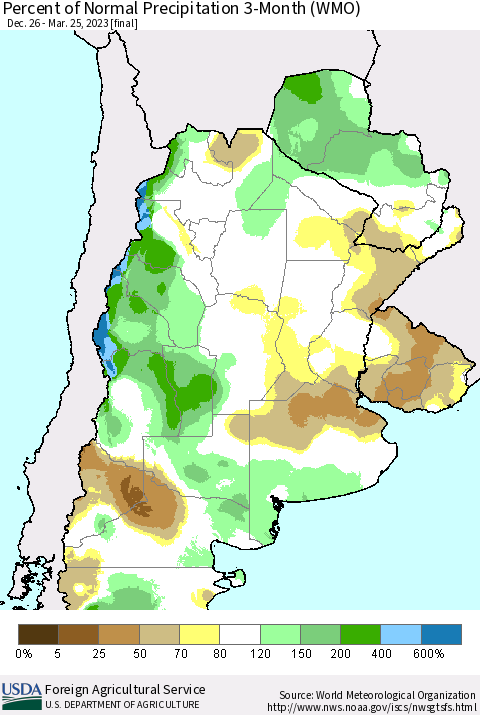 Southern South America Percent of Normal Precipitation 3-Month (WMO) Thematic Map For 12/26/2022 - 3/25/2023