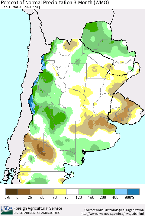 Southern South America Percent of Normal Precipitation 3-Month (WMO) Thematic Map For 1/1/2023 - 3/31/2023