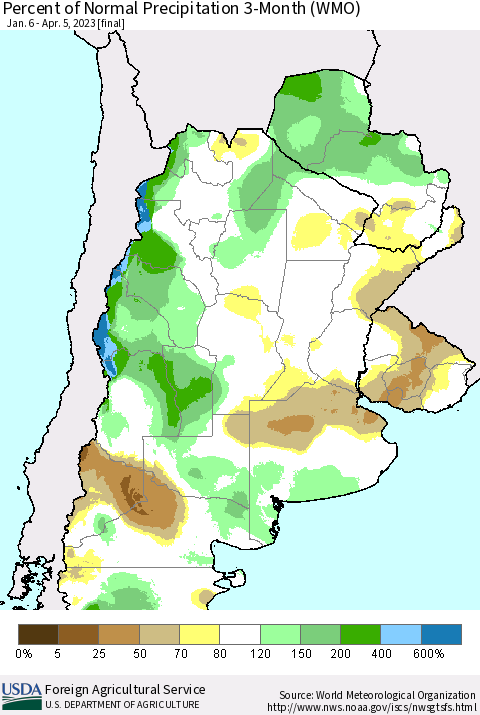 Southern South America Percent of Normal Precipitation 3-Month (WMO) Thematic Map For 1/6/2023 - 4/5/2023