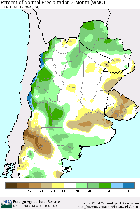 Southern South America Percent of Normal Precipitation 3-Month (WMO) Thematic Map For 1/11/2023 - 4/10/2023
