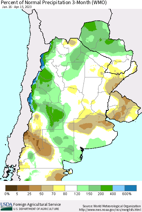 Southern South America Percent of Normal Precipitation 3-Month (WMO) Thematic Map For 1/16/2023 - 4/15/2023
