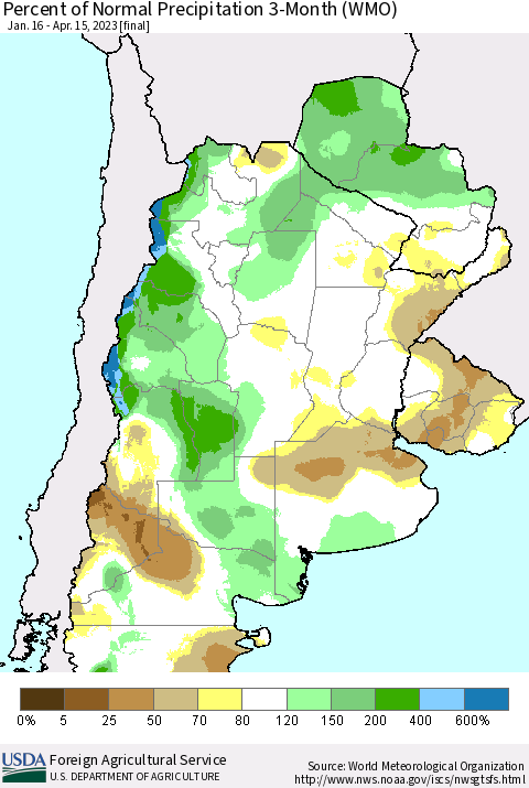 Southern South America Percent of Normal Precipitation 3-Month (WMO) Thematic Map For 1/16/2023 - 4/15/2023