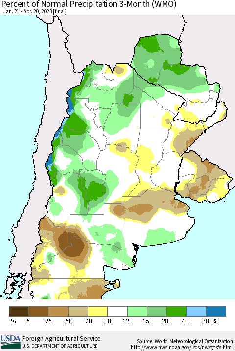 Southern South America Percent of Normal Precipitation 3-Month (WMO) Thematic Map For 1/21/2023 - 4/20/2023
