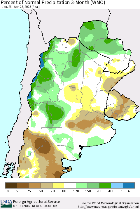 Southern South America Percent of Normal Precipitation 3-Month (WMO) Thematic Map For 1/26/2023 - 4/25/2023