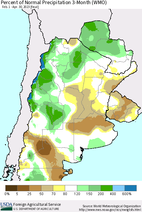 Southern South America Percent of Normal Precipitation 3-Month (WMO) Thematic Map For 2/1/2023 - 4/30/2023