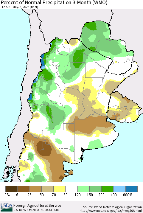 Southern South America Percent of Normal Precipitation 3-Month (WMO) Thematic Map For 2/6/2023 - 5/5/2023