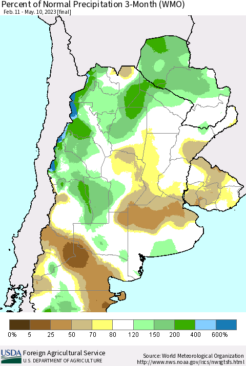 Southern South America Percent of Normal Precipitation 3-Month (WMO) Thematic Map For 2/11/2023 - 5/10/2023