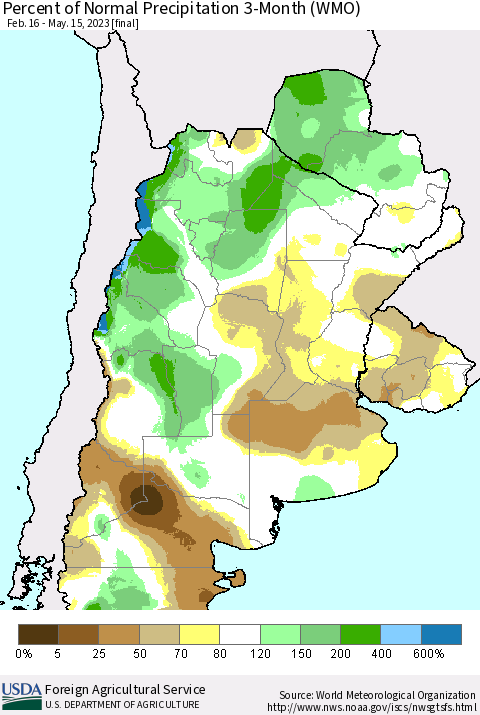 Southern South America Percent of Normal Precipitation 3-Month (WMO) Thematic Map For 2/16/2023 - 5/15/2023