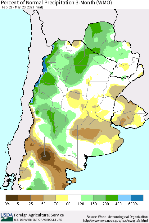 Southern South America Percent of Normal Precipitation 3-Month (WMO) Thematic Map For 2/21/2023 - 5/20/2023