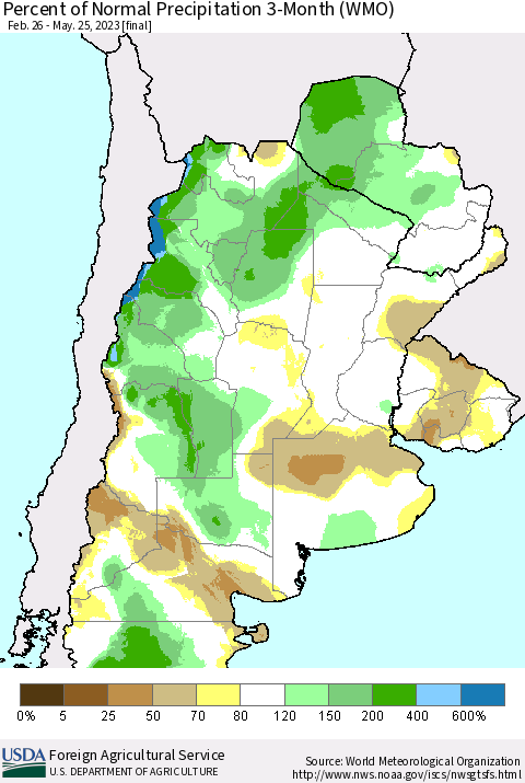 Southern South America Percent of Normal Precipitation 3-Month (WMO) Thematic Map For 2/26/2023 - 5/25/2023