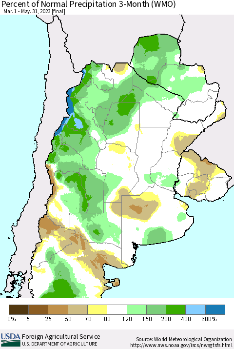 Southern South America Percent of Normal Precipitation 3-Month (WMO) Thematic Map For 3/1/2023 - 5/31/2023
