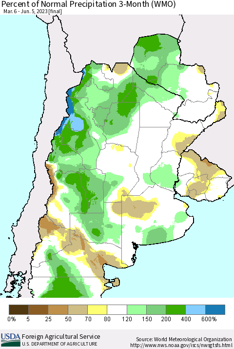 Southern South America Percent of Normal Precipitation 3-Month (WMO) Thematic Map For 3/6/2023 - 6/5/2023