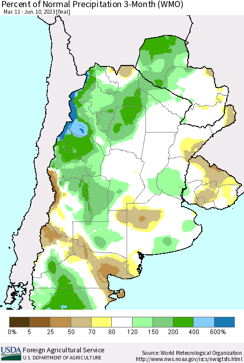 Southern South America Percent of Normal Precipitation 3-Month (WMO) Thematic Map For 3/11/2023 - 6/10/2023