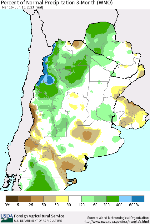 Southern South America Percent of Normal Precipitation 3-Month (WMO) Thematic Map For 3/16/2023 - 6/15/2023
