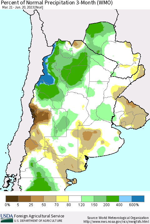 Southern South America Percent of Normal Precipitation 3-Month (WMO) Thematic Map For 3/21/2023 - 6/20/2023