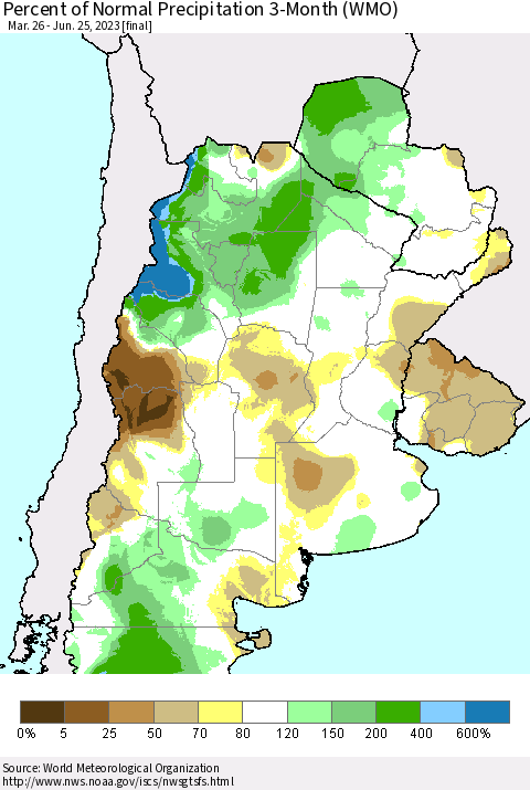 Southern South America Percent of Normal Precipitation 3-Month (WMO) Thematic Map For 3/26/2023 - 6/25/2023