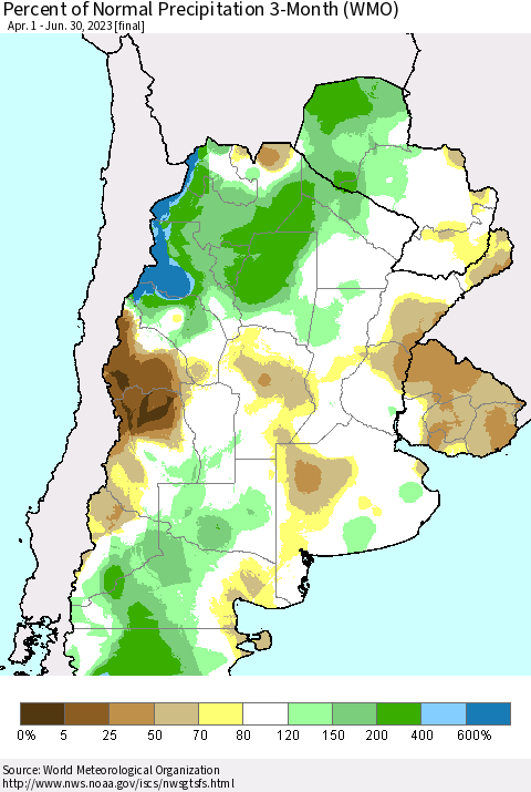 Southern South America Percent of Normal Precipitation 3-Month (WMO) Thematic Map For 4/1/2023 - 6/30/2023