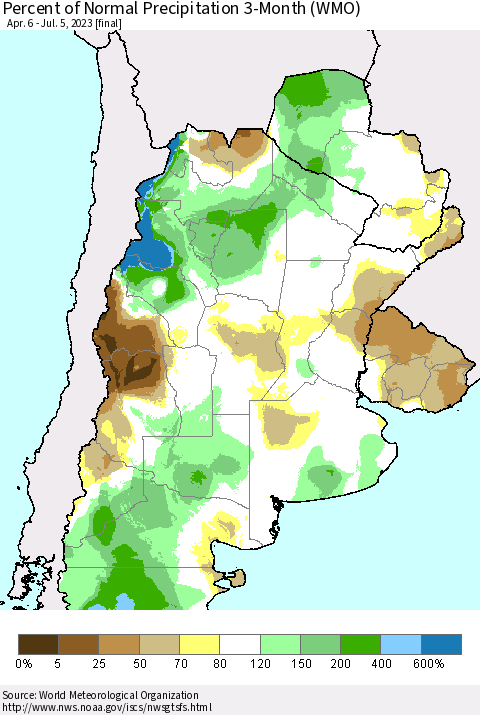 Southern South America Percent of Normal Precipitation 3-Month (WMO) Thematic Map For 4/6/2023 - 7/5/2023