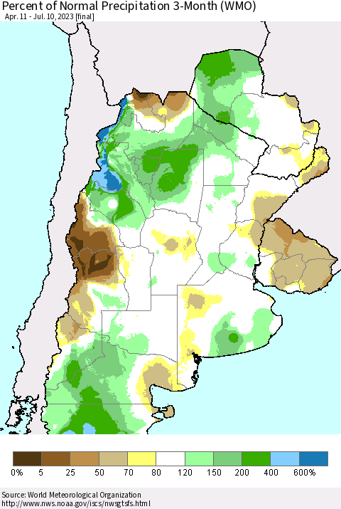 Southern South America Percent of Normal Precipitation 3-Month (WMO) Thematic Map For 4/11/2023 - 7/10/2023