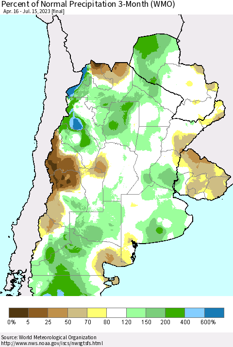 Southern South America Percent of Normal Precipitation 3-Month (WMO) Thematic Map For 4/16/2023 - 7/15/2023