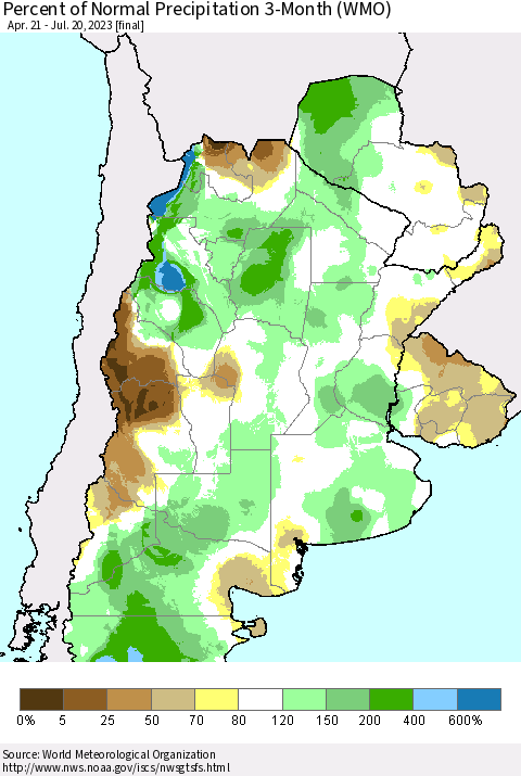 Southern South America Percent of Normal Precipitation 3-Month (WMO) Thematic Map For 4/21/2023 - 7/20/2023