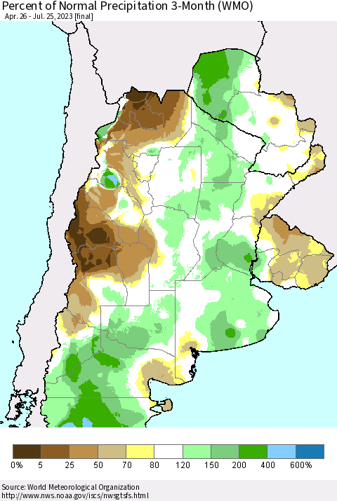 Southern South America Percent of Normal Precipitation 3-Month (WMO) Thematic Map For 4/26/2023 - 7/25/2023