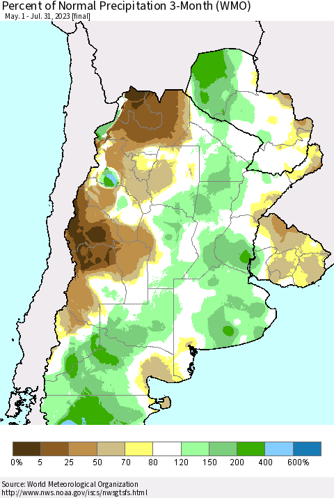 Southern South America Percent of Normal Precipitation 3-Month (WMO) Thematic Map For 5/1/2023 - 7/31/2023
