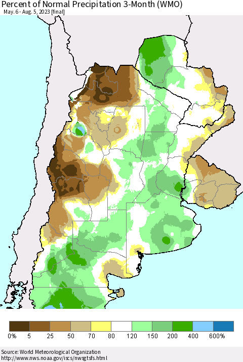 Southern South America Percent of Normal Precipitation 3-Month (WMO) Thematic Map For 5/6/2023 - 8/5/2023