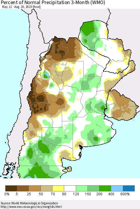 Southern South America Percent of Normal Precipitation 3-Month (WMO) Thematic Map For 5/11/2023 - 8/10/2023