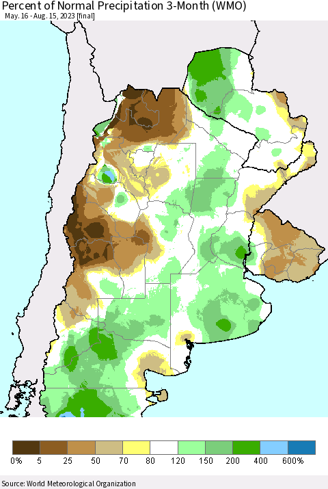 Southern South America Percent of Normal Precipitation 3-Month (WMO) Thematic Map For 5/16/2023 - 8/15/2023