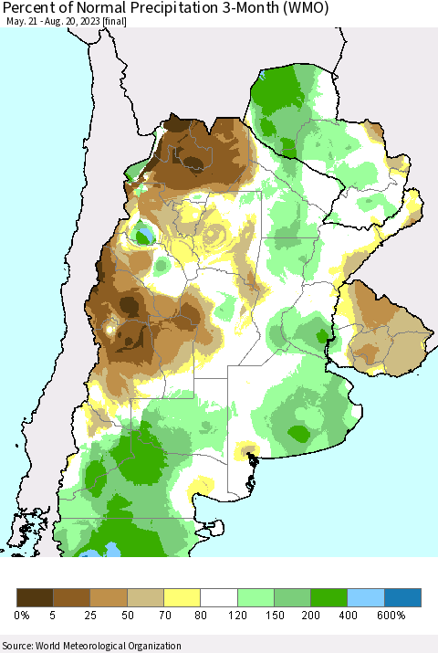 Southern South America Percent of Normal Precipitation 3-Month (WMO) Thematic Map For 5/21/2023 - 8/20/2023