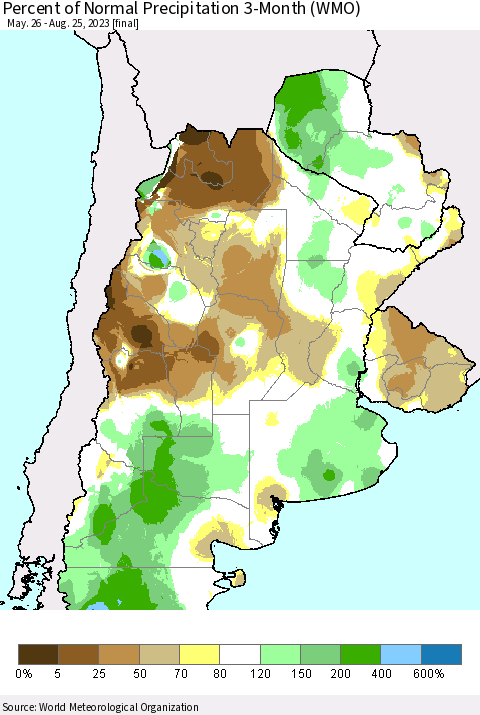 Southern South America Percent of Normal Precipitation 3-Month (WMO) Thematic Map For 5/26/2023 - 8/25/2023